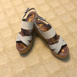 Sam Edelman tan / silver leather cork Wedge sandal